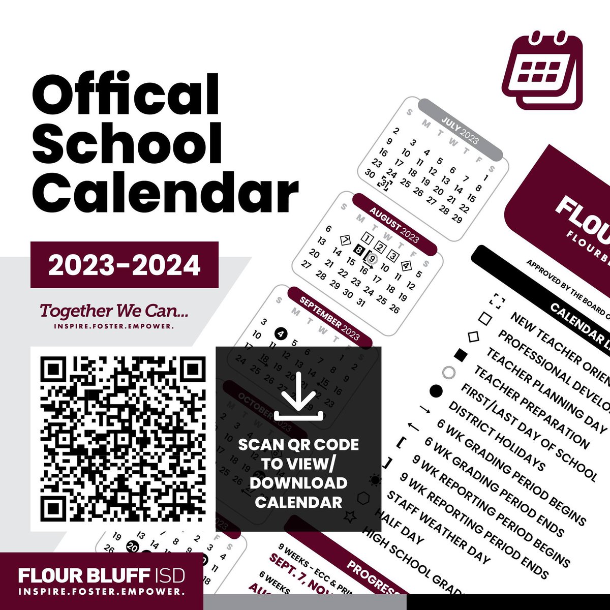 Don’t forget, Hornets! 

Our 2023-2024 School Calendar is now ready for your viewing! You can visit our website or you can click the link below to view the Official School Calendar for the upcoming school year. 
flourbluffschools.net/wp-content/upl…