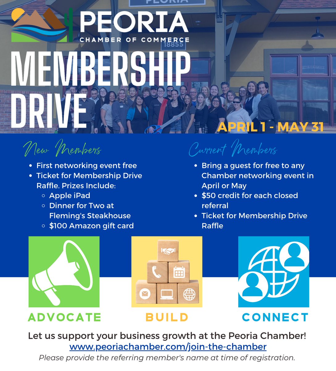 Announcing Peoria Chamber of Commerce's Membership Drive! Sign up from now until May 31st to get additional perks! Existing members- refer your friends and family to take advantage of this special limited time offer! #AdvocateBuildConnect