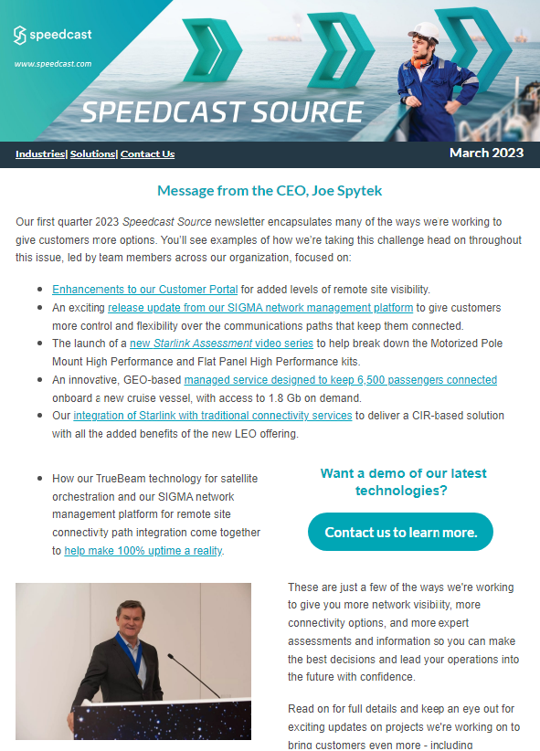 SpeedcastGlobal's tweet photo. #ICYMI: The latest edition of our quarterly newsletter, The #SpeedcastSource, is out and encapsulates many of the ways we’re working to give customers more options for #network visibility, #connectivity & more! https://t.co/E5qBmS88V4 Subscribe https://t.co/Sssiki8Whl #Speedcast https://t.co/GtmOq0csV7