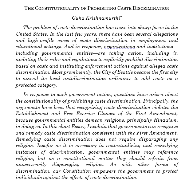 Happy to announce that my short essay The Constitutionality of Prohibiting Caste Discrimination is forthcoming in @UChiLRev Online Thanks to the Editors. Still very much a working draft, please let me know if you'd like to see it