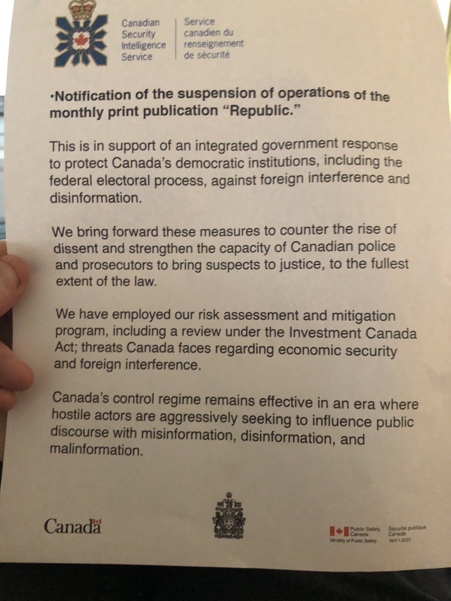 24HourVancouver's tweet photo. @laowhy86 Just received this odd - first time ever direct from our CIA, CSIS - letter about the cancelling of some Chinese magazine. Way to go Canada! https://t.co/KYgXLSlvfU