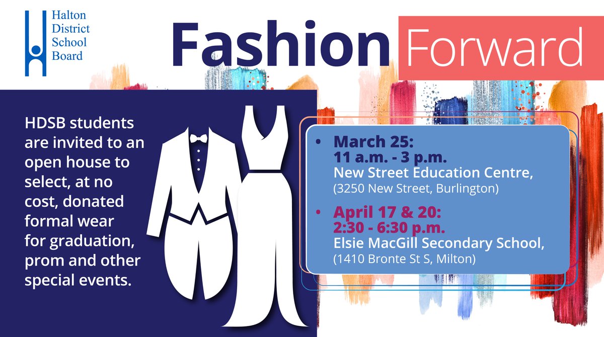 Called Fashion Forward, the #HDSB is hosting two open houses at Elsie MacGill Secondary School this month for students to select, at no cost, donated formal wear for upcoming prom or graduation celebrations.
➡️ Learn more: bit.ly/3wOnjme
