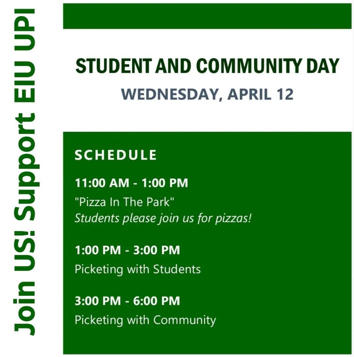 StrikeForEIU's tweet photo. Tomorrow is community  day! Come join us! Remember to wear sunscreen (it's going to be another  gorgeous day). Everyone is welcome on the line! We are stronger  together. 

#weareeiu #strikeforeiu #faircontractnow #upionstrike #charlestonillinois https://t.co/lNacKwWfV7