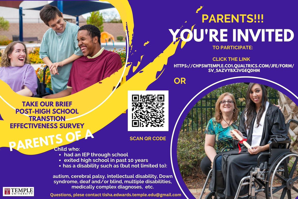 Survey link: chpswtemple.co1.qualtrics.com/jfe/form/SV_5A…
Please see FB post for details facebook.com/10009083282294…

#adultswithdisabilities #youngadultswithdisabilities #occupationaltherapy #raredisease #cerebralpalsy #blindness #deafblindness  #intellectualdisability #medicallycomplex #autism