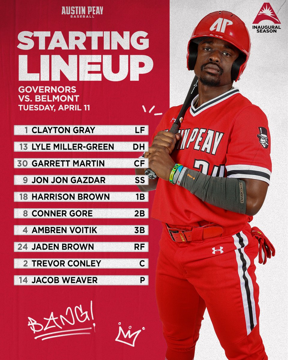 Austin Peay Baseball (@govsbsb) on Twitter photo Lineup, Links, & Tacos!
🌮 <a href="/MoesNashville/">Moe’s Southwest Grill of Middle TN</a>
🆚 Belmont
🕡 6 PM
🏟️ Maynard Field at The Hand
🏙️ Stacheville
🎟️ letsgopeay.com/BuyTickets
📺bit.ly/GovsonESPN
📻bit.ly/GovsRadioNet
📊 PeayStats.com
#⃣🅱️🅰️🆖| #ASUNBSB Lineup, Links, & Tacos!
🌮 <a href="/MoesNashville/">Moe’s Southwest Grill of Middle TN</a>
🆚 Belmont
🕡 6 PM
🏟️ Maynard Field at The Hand
🏙️ Stacheville
🎟️ letsgopeay.com/BuyTickets
📺bit.ly/GovsonESPN
📻bit.ly/GovsRadioNet
📊 PeayStats.com
#⃣🅱️🅰️🆖| #ASUNBSB