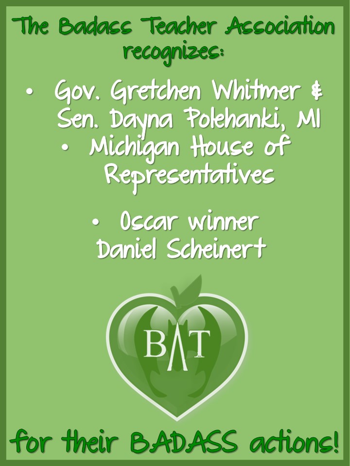 Our BAT Action Awards are out! Read here why Michigan leads the pack. Also what Oscar Winner Daniel Schienert had to say that earned him his award. facebook.com/BadassTeachers… #TBATs @AFTBATcaucus @MIBATS @BadassTeachersA
