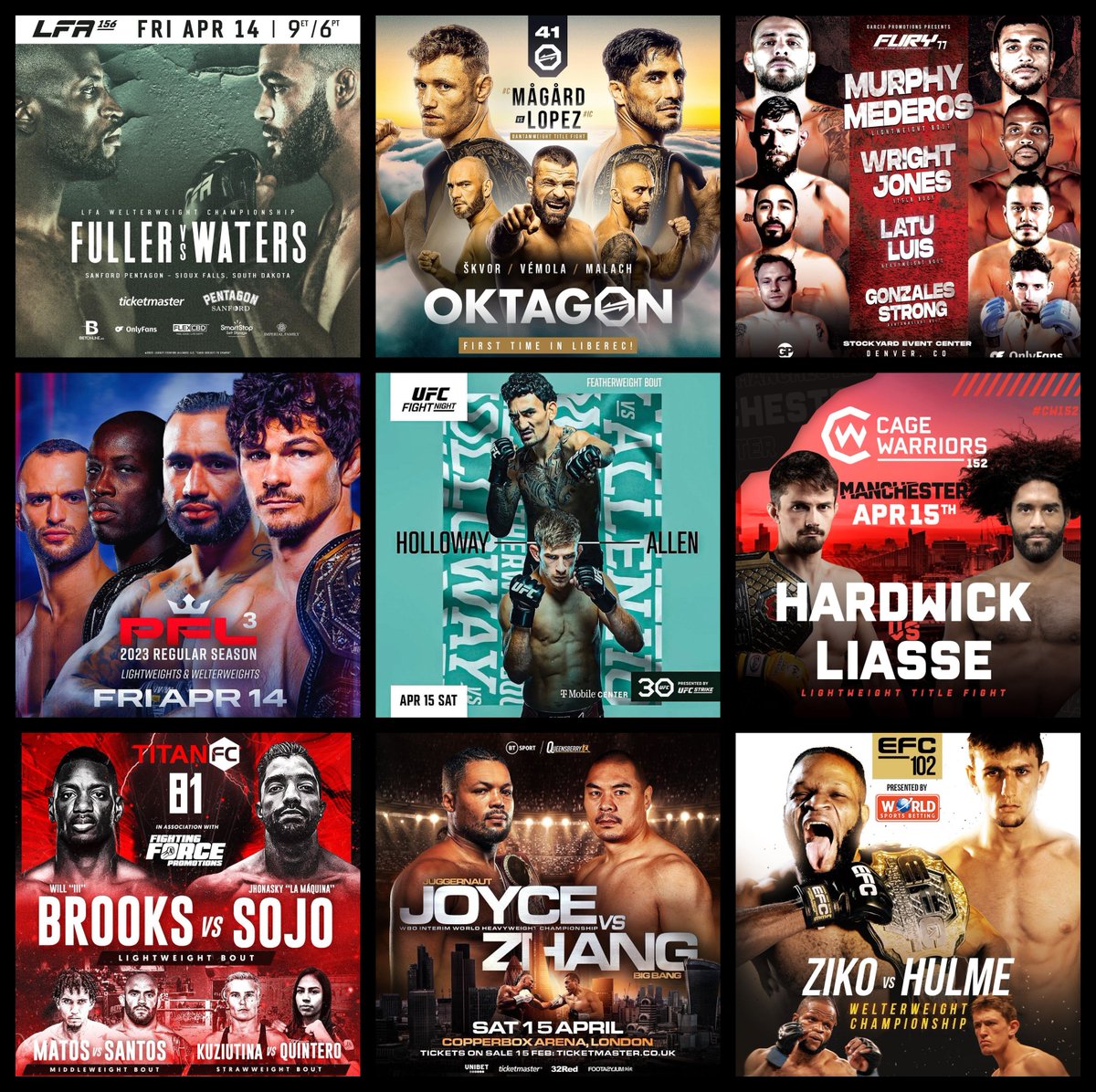 Live Combat Sport Schedule: 4/13 - 4/16  

Complete schedule w/ fight cards & free live streams HERE: ➡️grabakahitman.com/2023/04/11/liv…

#UFCKansasCity #2023PFL3 #CW152 #OKTAGON41 #JoyceZhang #LFA156 #FuryFC77 #EFC102 #TitanFC81 #ShlemenkoFC7 #ThunderFight43 #OpenFC29 #OrtegaZapata