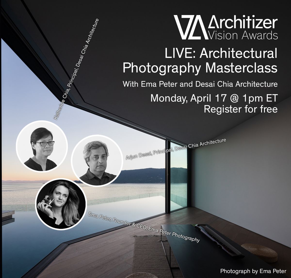 Architizer (@architizer) on Twitter photo Join renowned photographer Ema Peter (<a href="/EmaPeterPhoto/">EmaPeterPhotography</a>) and award-winning architects Katherine Chia and Arjun Desai for an architectural photography masterclass - live! Register to attend this free virtual event on April 17: arc.ht/3KKRnHg
.
#ArchitizerLive Join renowned photographer Ema Peter (<a href="/EmaPeterPhoto/">EmaPeterPhotography</a>) and award-winning architects Katherine Chia and Arjun Desai for an architectural photography masterclass - live! Register to attend this free virtual event on April 17: arc.ht/3KKRnHg
.
#ArchitizerLive