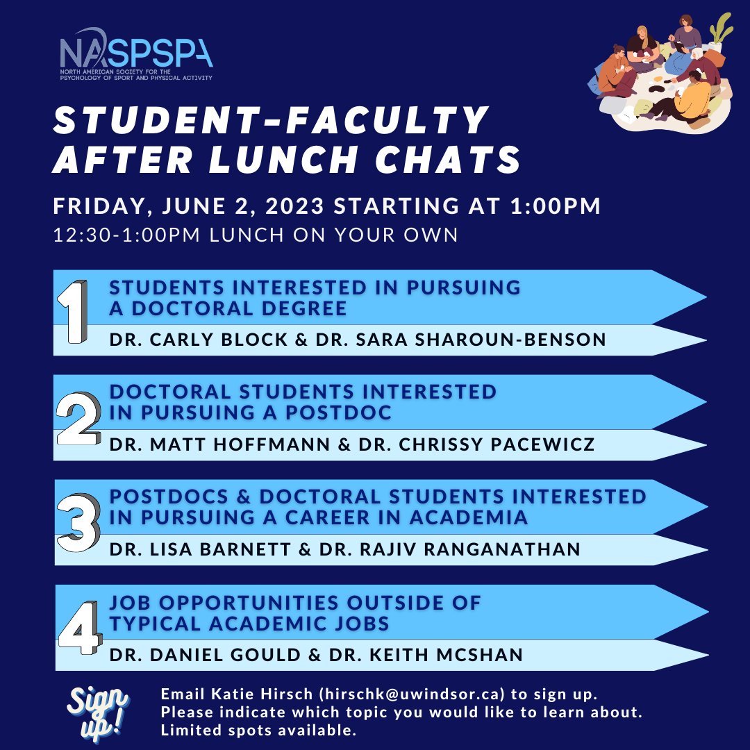 Did you enjoy the <a href="/NASPSPA/">NASPSPA</a>  student events this year? Want to connect more with NASPSPA professional members? Here's your chance!
✍️Sign-up for #NASPSPA2023 Student-Faculty After Lunch Chats. Free to attend, but spots are limited. Faculty are listed in thread below.
