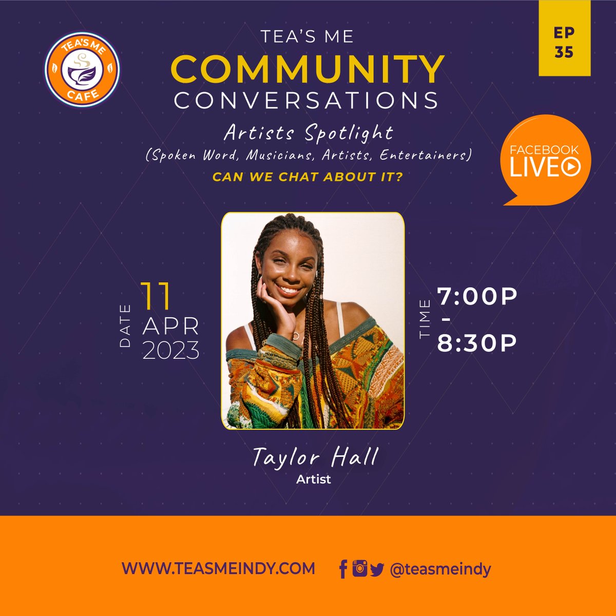 Catchin24's tweet photo. One hour til the @TeasMeIndy Community Conversation!! Tune in from 7-8:30p on our #TeasMe Facebook Live. We will be focused on the Artists!! Love the platforms that have been created! #CanWeChatAboutIt #TheFuture #ShineBright https://t.co/dZuG3f77MB