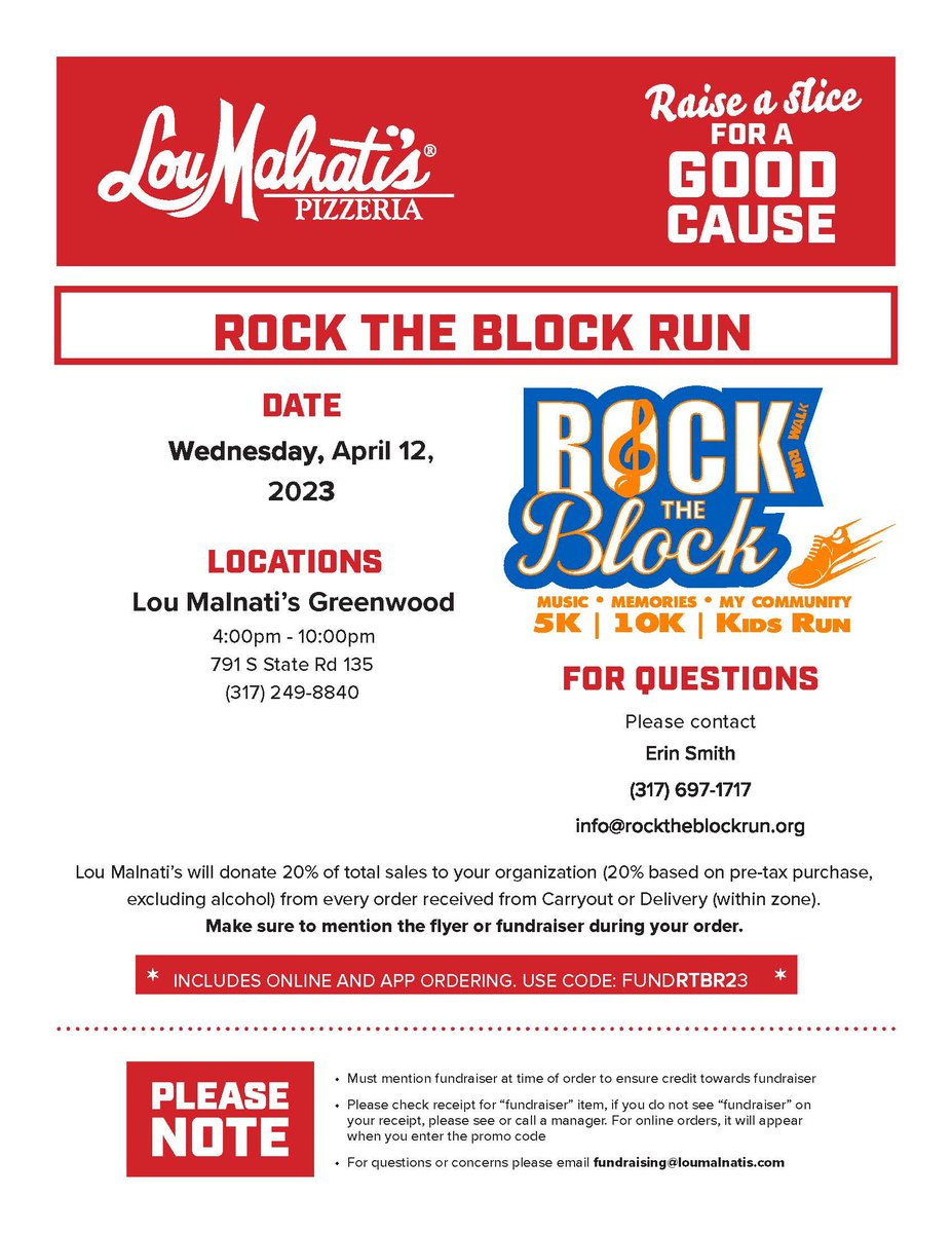 RockTheBlockRun's tweet image. A reminder to Raise a Slice for a Good Cause tomorrow night! Get some great pizza and food on Wendesday at Lou Malnati's and part of the proceeds will benefit Rock the Block Run. Check out the details.