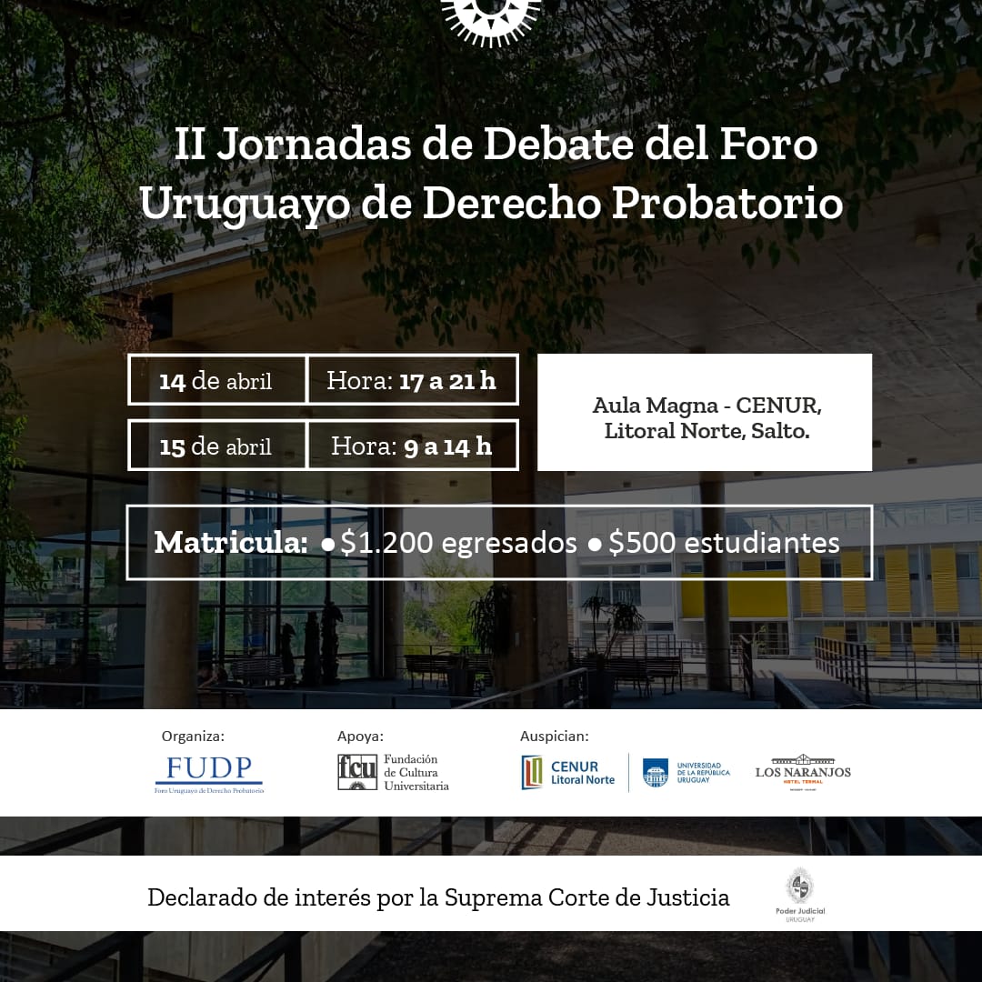 Lucia Fernández Ramirez (@luciafernndezr2) on Twitter photo ⚠️ aún quedan 2 días para encontrarnos en 📍Salto! Ya van más de 100 inscriptos!
Se suman?
<a href="/FProbatorio/">Foro Uruguayo de Derecho Probatorio</a>
Inscripciones en web de <a href="/FCUniversitaria/">Fundación de Cultura Universitaria</a> 👇 ⚠️ aún quedan 2 días para encontrarnos en 📍Salto! Ya van más de 100 inscriptos!
Se suman?
<a href="/FProbatorio/">Foro Uruguayo de Derecho Probatorio</a>
Inscripciones en web de <a href="/FCUniversitaria/">Fundación de Cultura Universitaria</a> 👇