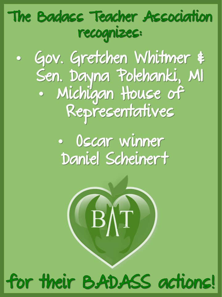 Our BAT Action Awards are out! Read here why Michigan leads the pack. Also what Oscar Winner Daniel Schienert had to say that earned him his award. facebook.com/BadassTeachers… #TBATs <a href="/CaliBats/">Cali Bats</a> <a href="/OregonBATs/">OregonBATs</a> <a href="/WaBATs_/">Wa Badass Teachers A</a> <a href="/ColoradoBATsA/">ColoradoBATsA</a> <a href="/NVBats/">NVBATs</a> <a href="/hawaiibats/">@HawaiiBATs</a> <a href="/AZBatsA/">Arizona Bats</a> <a href="/UtahBATs/">UtahBATs</a>