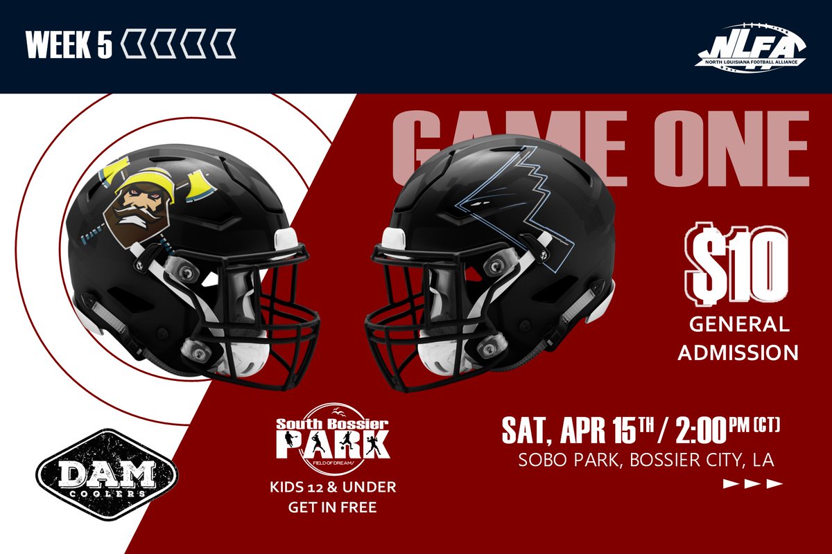 NLFAFootball1's tweet photo. The NLFA returns from last week's rainout, ready to turn up in week 5. This Saturday's matchup of NLFA π is on the way... General admission is $10, and children 12 and under get in FREE. #NLFA2023 #TheNextLevelExperience #NorthLouisianaFootballAlliance https://t.co/FdpONE6hFI