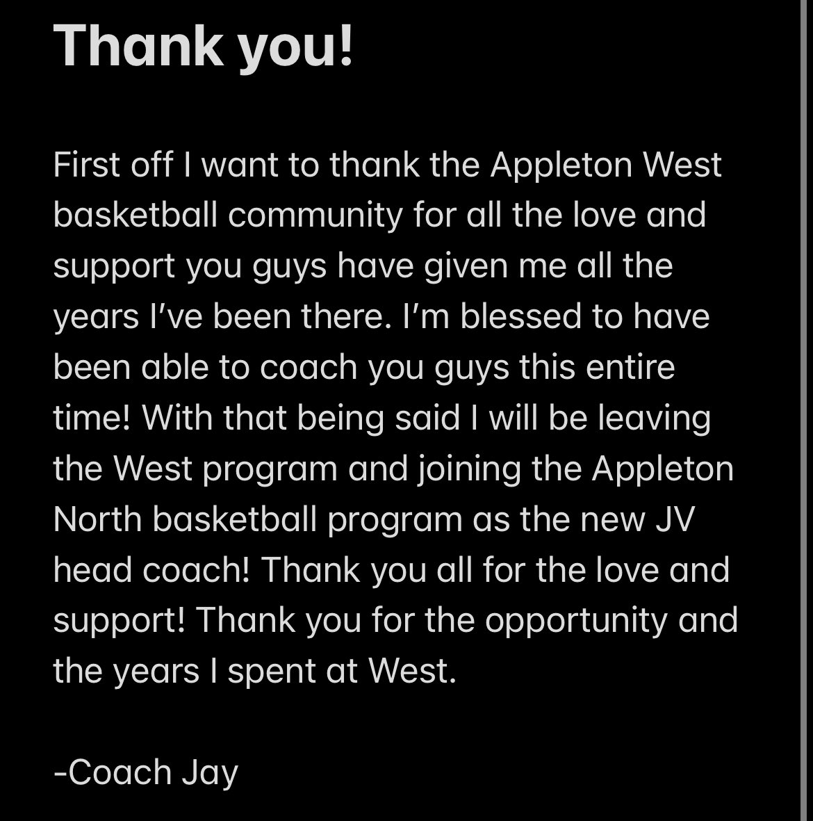jjsimpson2455's tweet photo. Bless to receive the opportunity to be the new JV head coach at Appleton North! Thank you for the love and support from everyone! https://t.co/09HJ9fm4gW