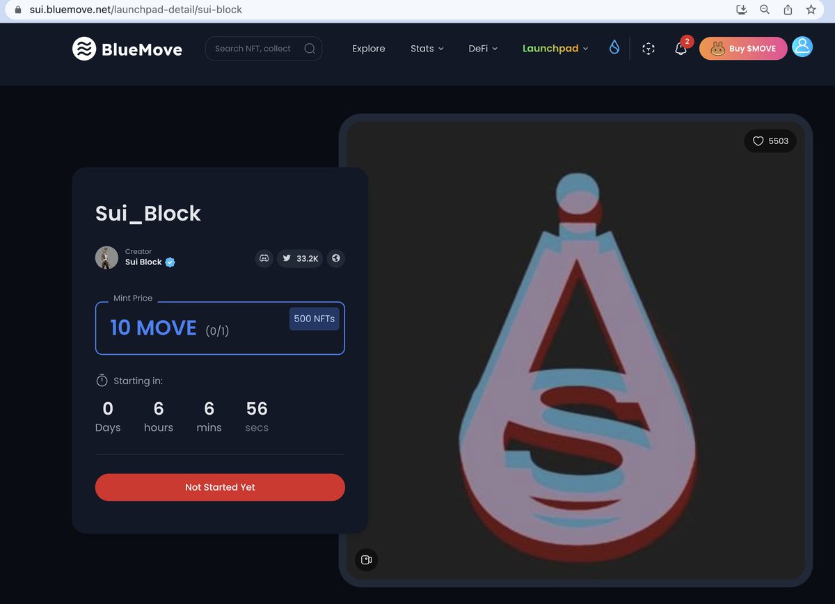 🔥Exciting news, everyone! 

You now have the ability to use the $MOVE coin to mint your very own NFT on the BlueMove launchpad located on the <a href="/SuiNetwork/">Sui</a> testnet. 

The @Sui_Block is the first collection minted by $MOVE 
#SuiBlock x #BlueMove