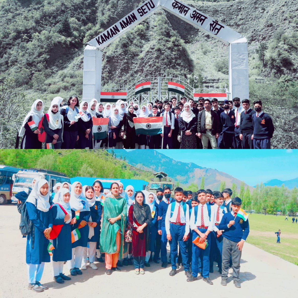 UriGlow22's tweet photo. 50 Students of #AGS #Uri with five teachers visited #KamanAmanSetu. 
They were excited to see new renovations done by our #IndianArmy.
They proudly waved flags of the National tricolour. 
#tourism 
#kashmirtourism 
#IncredibleIndia 
@adgpi 
@NorthernComd_IA
@ChinarcorpsIA https://t.co/k6OX8dn19E