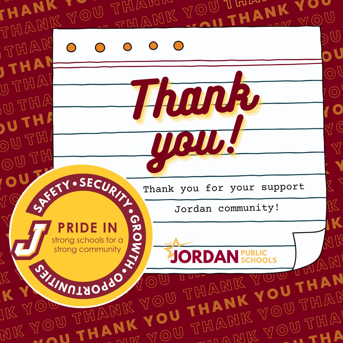 ISD717's tweet photo. Preliminary Referendum 2023 results: Thank you Jordan community! District residents have approved our bond referendum by 876 yes votes to 660 no votes. This is a huge opportunity for our students, schools and community. Thank you Jordan Public Schools residents! https://t.co/lPUfgm7Apw