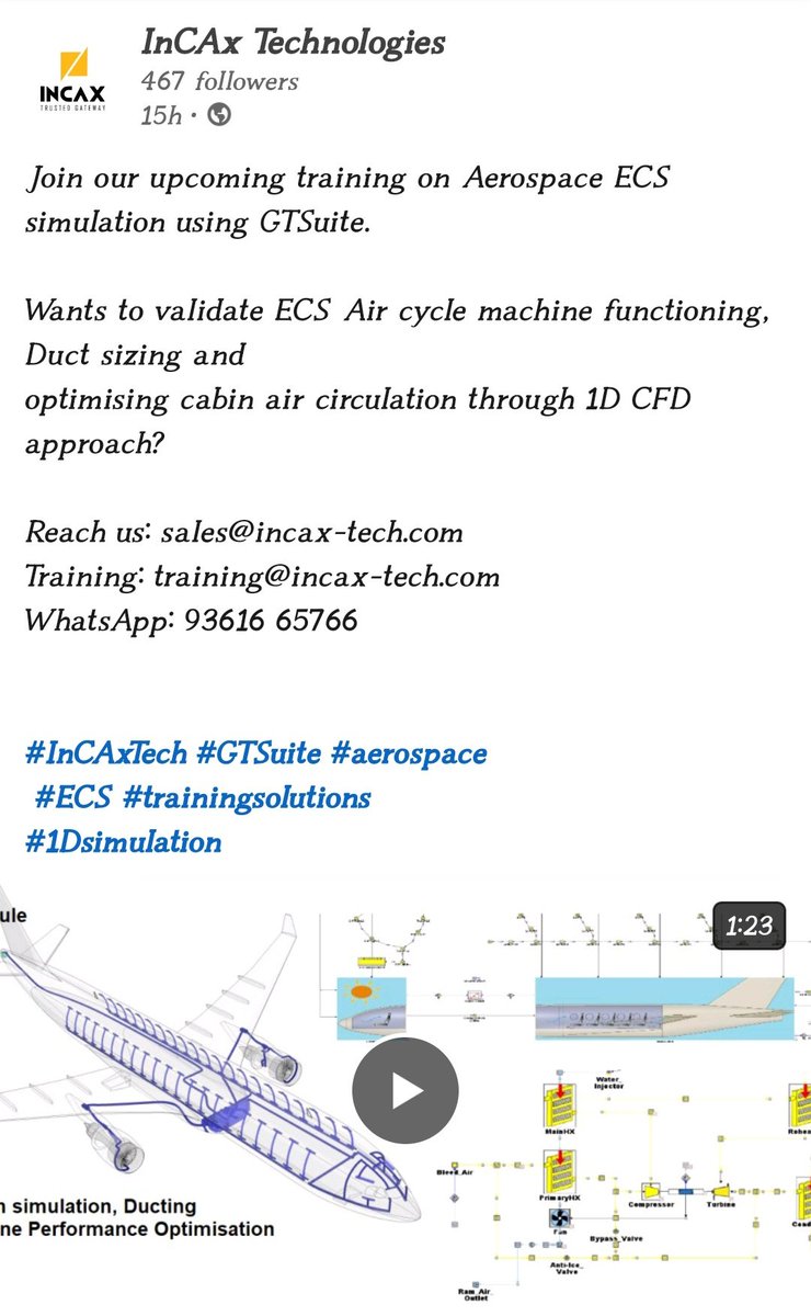 InCAx_Tech's tweet image. Opportunity to become an aerospace ECS system simulation engineer. 

80 HRS simulation course. 

#GTsuite #AerospaceIndustry
#1dCFD #InCAxTech
