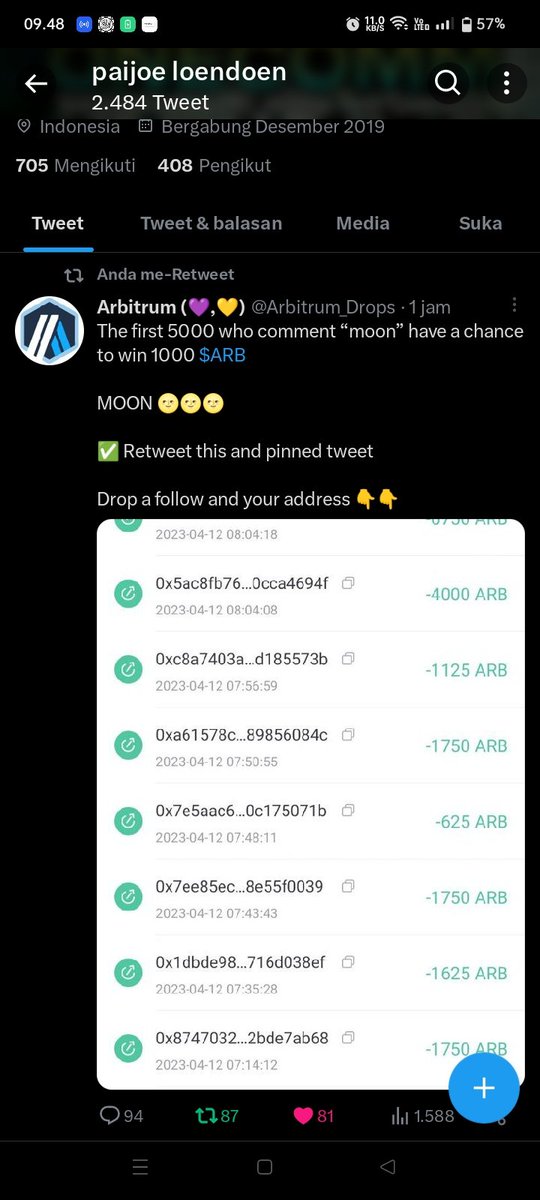 paijoeloendoen's tweet photo. @Arbitrum_Drops MOON 🌝🌝🌝

0xFdC1B8bF2225756357783e1e51Bef35AAb05EA5F https://t.co/nXUSmkrsvJ