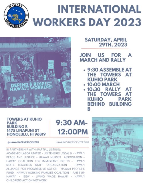 May Day is coming up soon! Join us on Saturday, April 29th in celebrating International Workers Day/ May Day with a march and rally, in collaboration with the Defend and Respect Hawaiʻi’s Workers Coalition. See you there!

#mayday #internationalworkersday