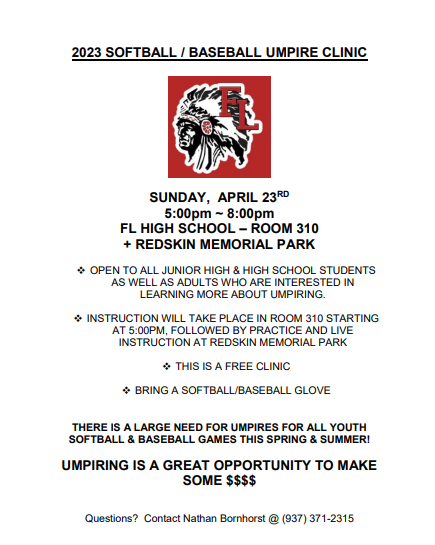 FLYouthBaseball's tweet photo. For any JH &amp; HS Students or Adults looking to make some extra cash this spring/summer, there is a large need for Umpires at our Youth Softball &amp; Baseball games.   
There will be a FREE Umpire Clinic at FLHS on Sunday 4/23 to help educate anyone interested in umpiring. https://t.co/8eghuXbK6T