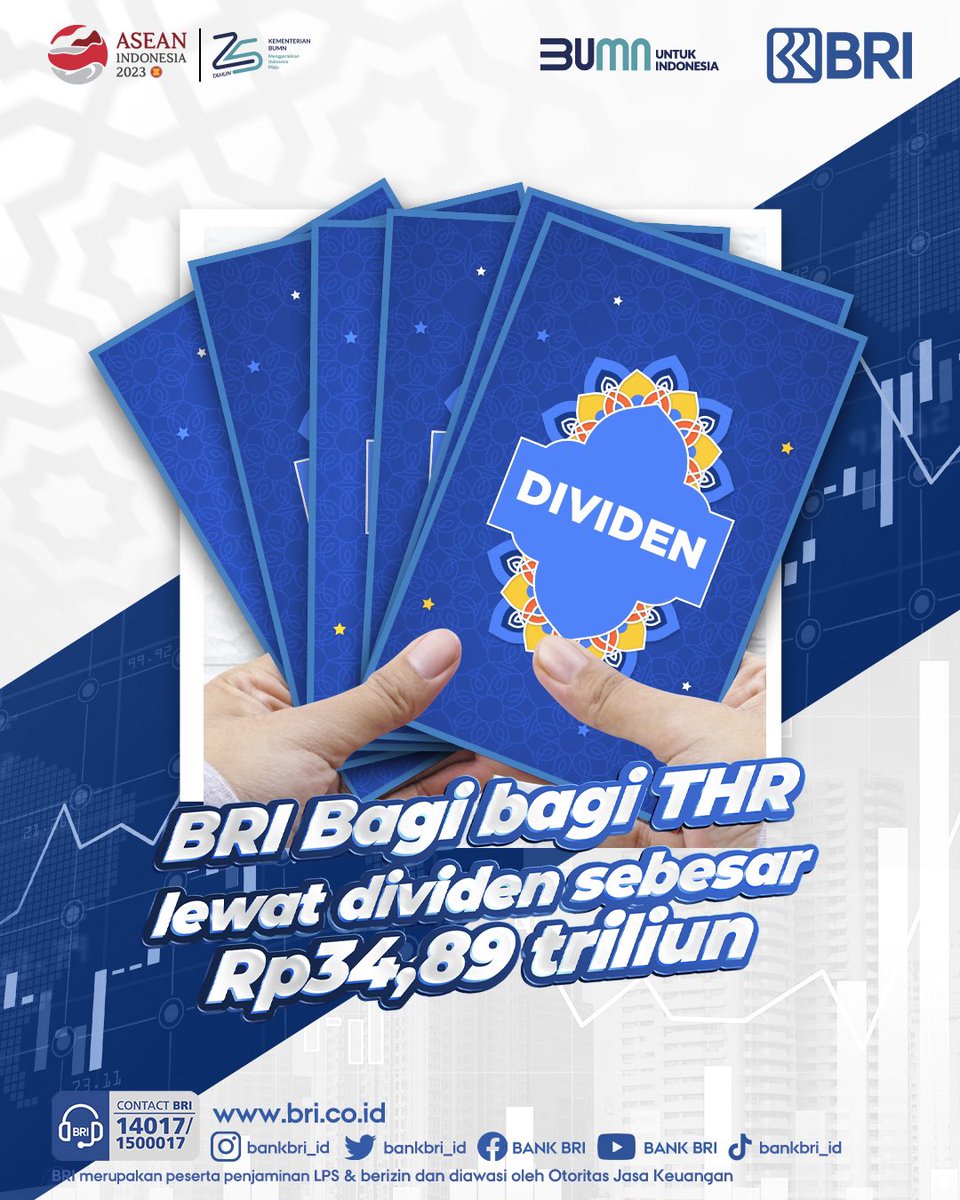 BANKBRI_ID's tweet photo. BRI bagi bagi THR nih !!
Hari ini BRI membayarkan dividen tunai senilai Rp34,89 triliun.

Pembagian dividen ini merupakan bukti komitmen nyata BRI dlm menciptakan economic value &amp; social value bagi seluruh stakeholders, utamanya kepada rakyat. 

#BRI
#MemberiMaknaIndonesia https://t.co/ysh9PHyT7T