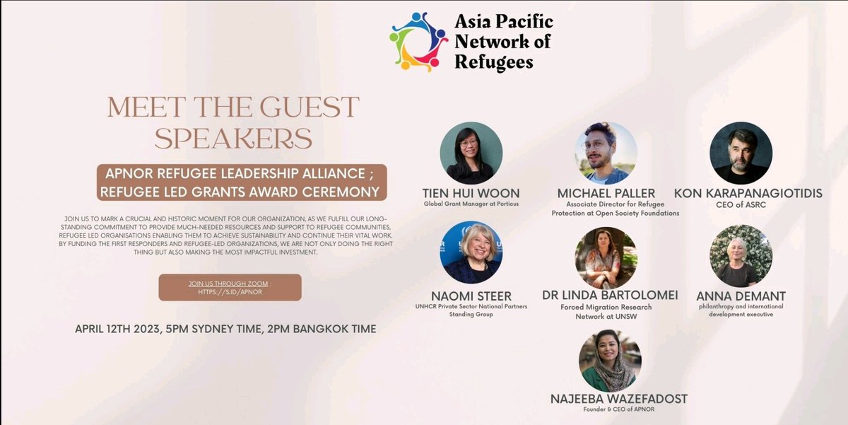 APNORefugees's tweet photo. OUR REFUGEE LED GRANTS AWARD CEREMONY happening TODAY at 5pm Sydney time, 2pm Bangkok time, use zoom link to join; https://t.co/CvqccpToTL
@OpenSociety
@porticusglobal
@KaldorCentre
@UNHCRAsia
@APRRN_
@OzRefugeeCounc
@RefugeesIntl
@NajeebaWazefado https://t.co/9HIeB9GKUY