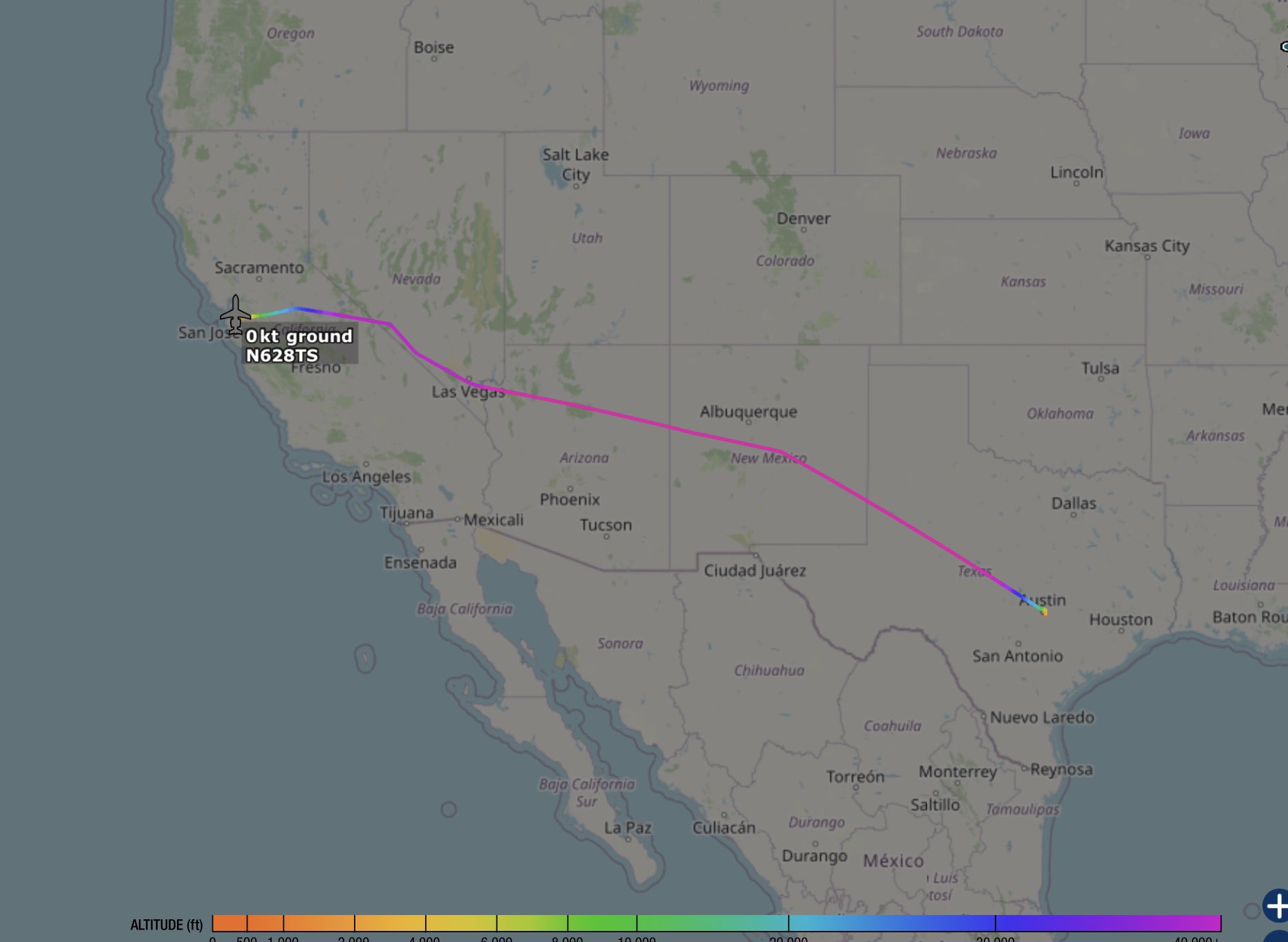 ElonJet but Delayed on Twitter "Flew from Austin, Texas to Oakland