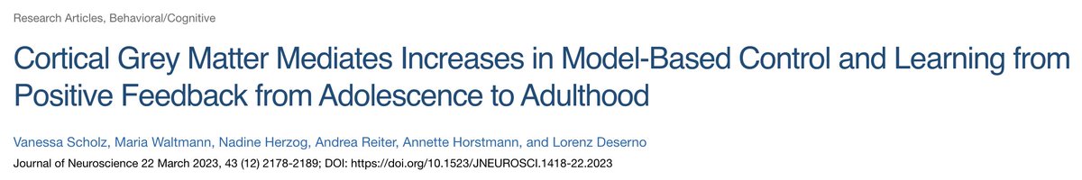 VanessaSch0lz's tweet photo. So happy that our paper on the brain structural correlates of model-based control and feedback learning across development is now published in Journal of Neuroscience! https://t.co/OH5NCjnezJ. Team effort by @ldeserno @MariaWaltmann @an_reiter @ahorstmann_dr &amp; Nadine Herzog :-) https://t.co/cdHEm2shiY