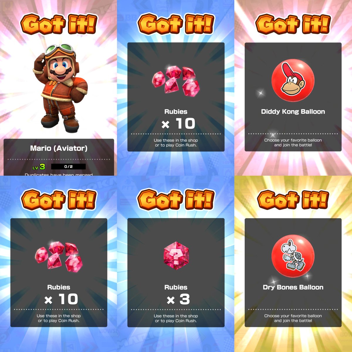 Llam3's tweet photo. Tuberías multijugador 🥹
Damn, nunca me habían tocado tantos globos: 9 😬
2 globos nuevos a la colección
23 rubíes 😍😍
8600 monedas
Mario aviador que subió a nivel 3.
Estuvieron buenas 🤪
#YoshiTour #MarioKartTour https://t.co/QuQBBZ1WMK