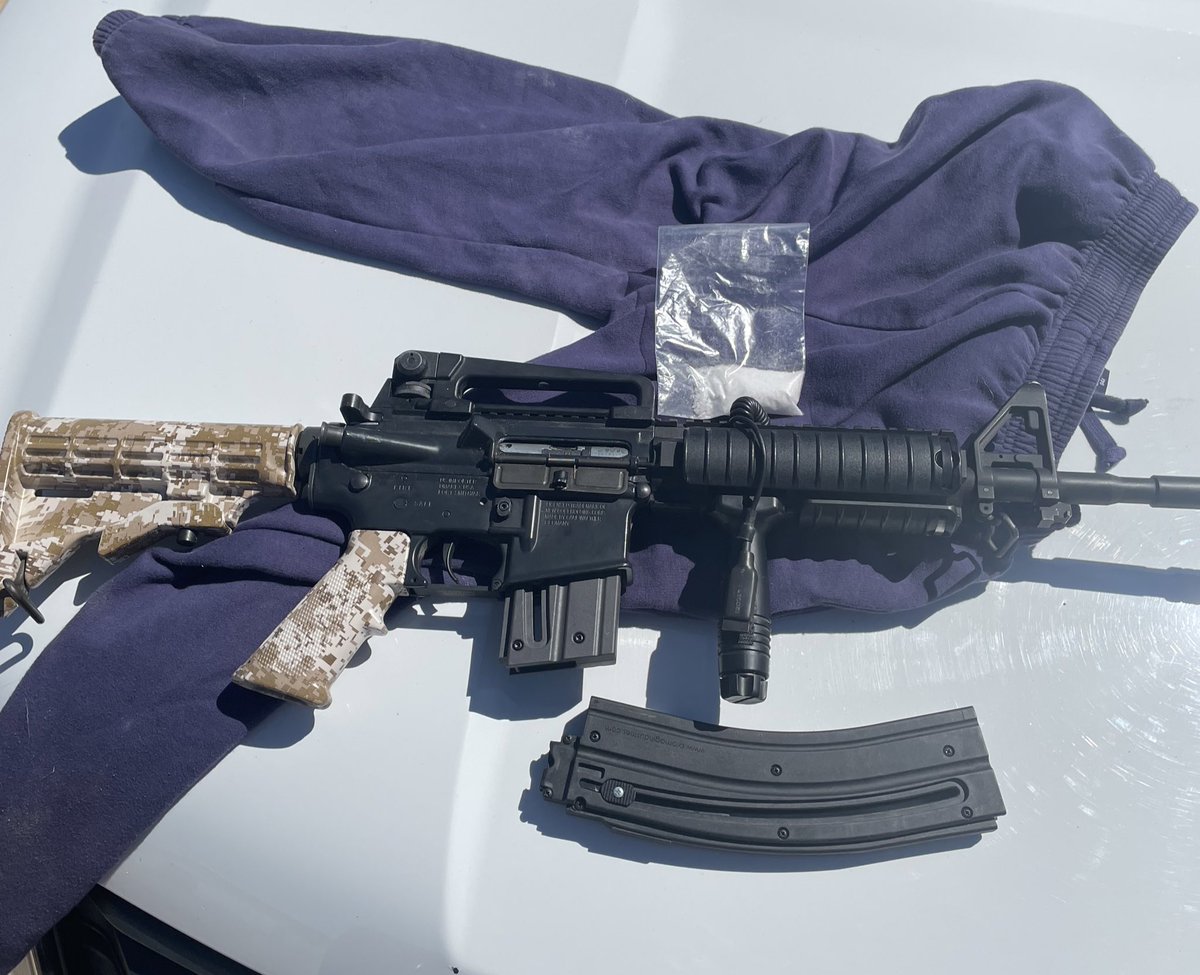 Today Deputy Stumbo was working patrol in 29 Palms and saw a guy walking while carrying something wrapped in a pair of sweats. Turns out it was a loaded rifle. The convicted felon also had 15 grams of meth in his pocket. 🤦‍♂️