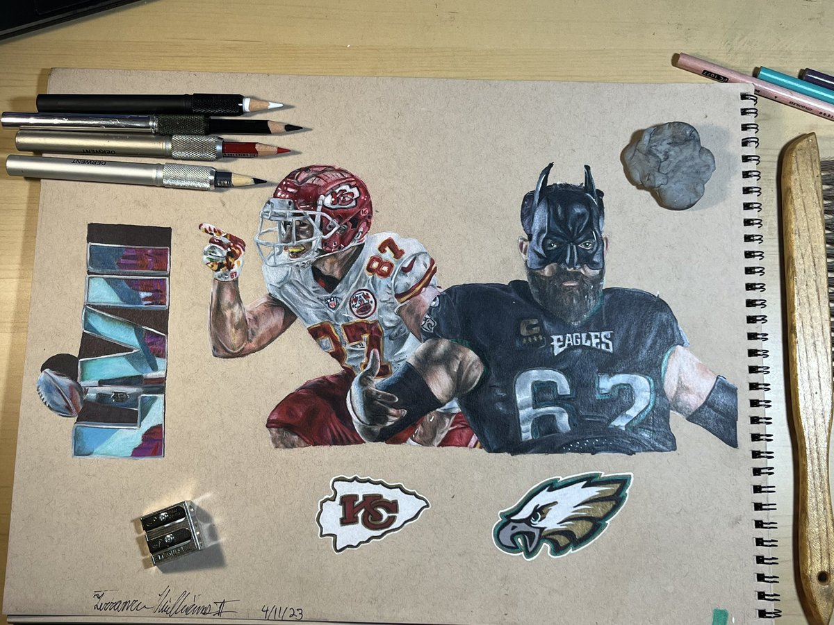 Took forever and a half but it’s finally done!! Tag the Kelce bros I HAVE get them to see this!! #prismacolor #nfl #nflart #realism