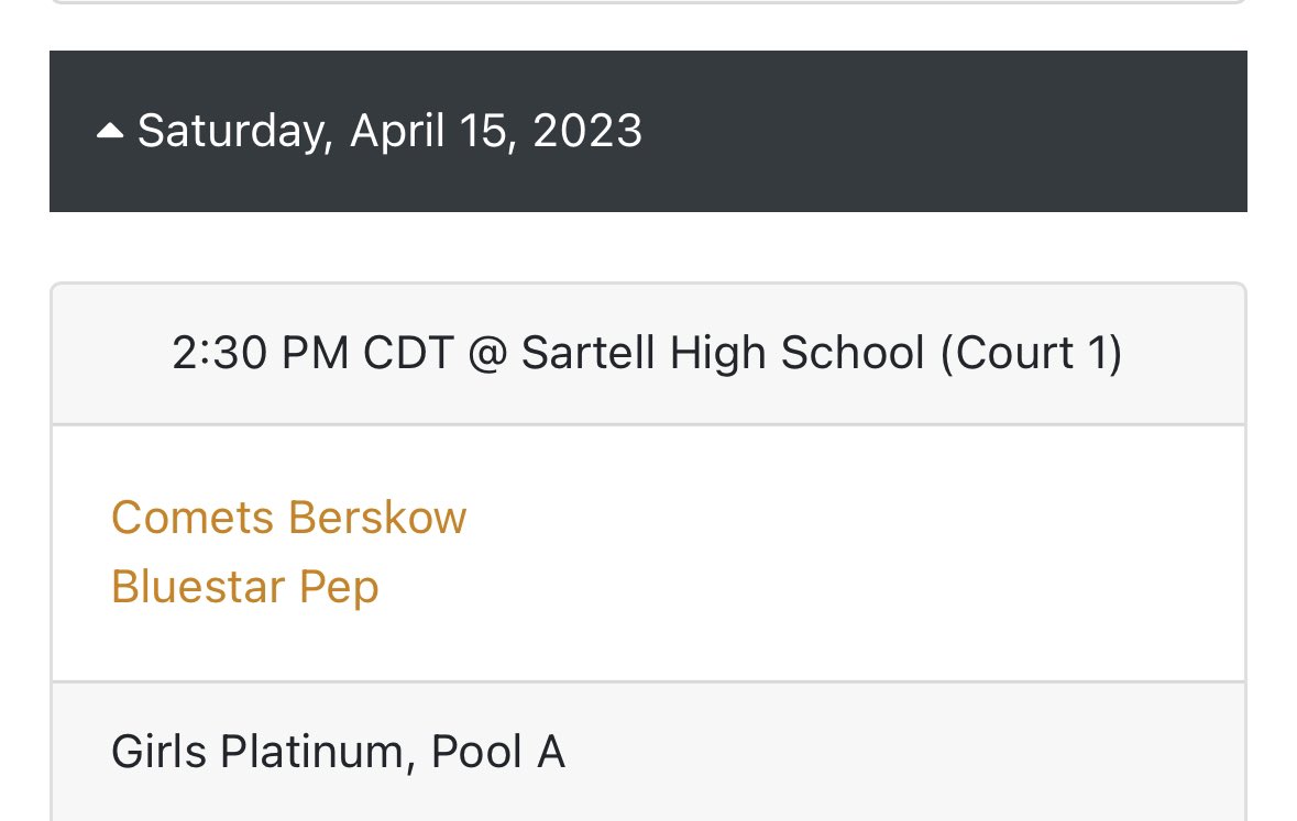 💙⭐️1st Weekend Schedule:
📍Sartell, MN HS
Game 1 - Sat, 2:30p 
Game 2 - Sat, 4:40p
Game 3 - Sunday, 12:20p OR 2:30p (TBD)

👀Weekend Roster:
<a href="/AyanaBousum/">Ayana Bousum</a> <a href="/ESchiszik/">Ellie Schiszik</a> <a href="/AshleyChilson33/">Ashley Chilson</a> <a href="/ParisOpelt/">Paris opelt</a> <a href="/TaylorClarey/">Taylor Clarey</a> <a href="/MaddieMurphy24/">Maddie Murphy</a> <a href="/anna_skemp/">Anna Skemp</a> <a href="/lizkyles05/">Elizabeth Kyles</a> <a href="/Emmamann4411/">Emma</a> <a href="/FillbachSidney/">Sidney Fillbach</a>