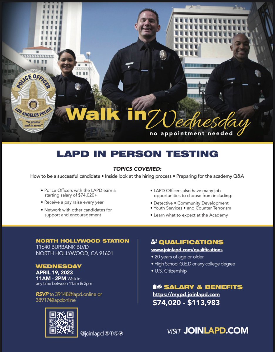 LAPDHollywood's tweet photo. Join LAPD is hosting LAPD in person testing on Wednesday April 19, 2023 at North Hollywood station 11640 Burbank blvd 11am-2pm #wehiring #lapd #joinlapd #academy https://t.co/GvPHoM0u6X