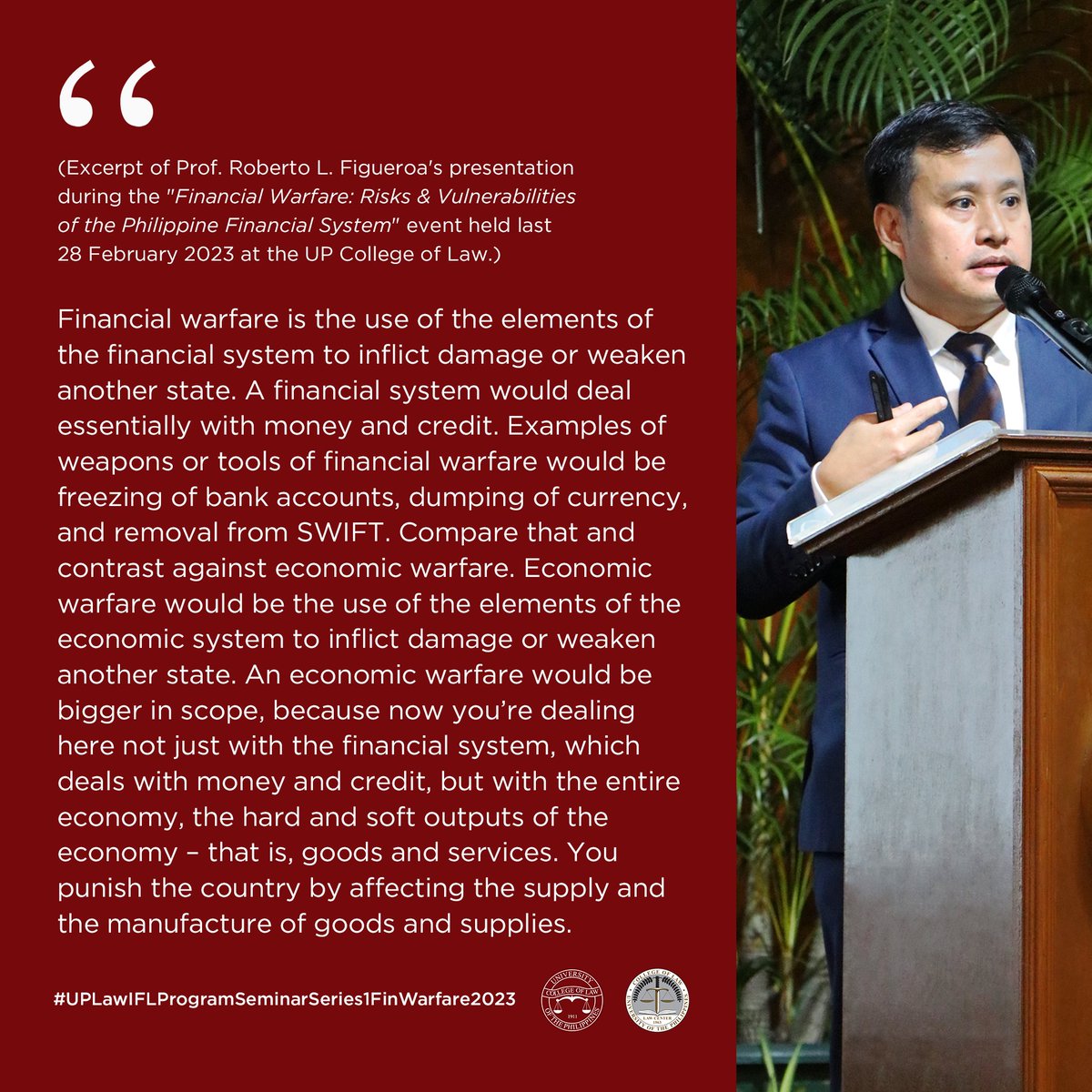 UPCollegeofLaw's tweet photo. Excerpt of Prof. Roberto L. Figueroa's presentation during the "Financial Warfare: Risks &amp; Vulnerabilities of the Philippine Financial System" event held last 28 February 2023 at the UP College of Law.

#IILS #financialwarfare #PFS #UPLaw #UPCollegeofLaw https://t.co/TkAFm1zVRA