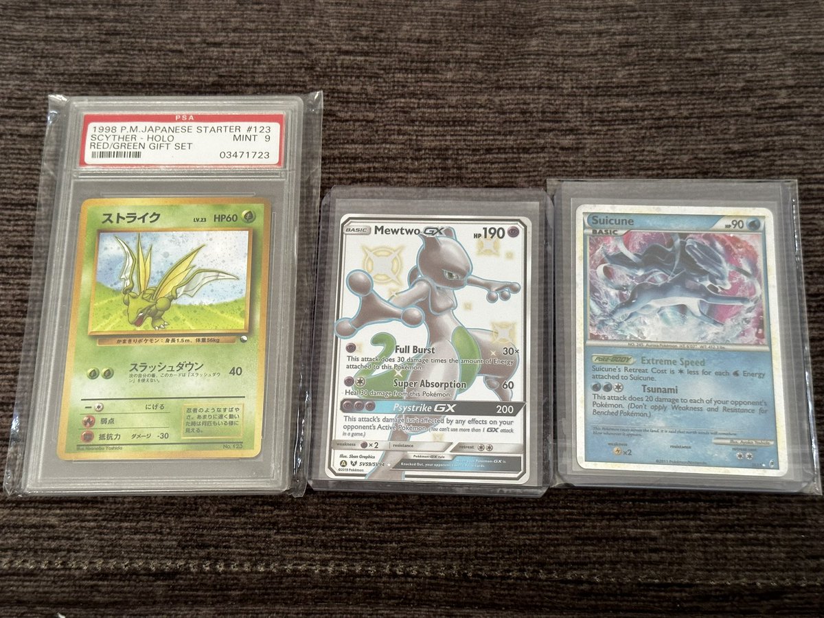 Darthlain018's tweet photo. #TradeUpChallenge Update! 

Made my 4th trade with @pokesnapples for these:
PSA 9 Scyther - Holo Red Green Gift Set 
Suicune - Shiny - CoL (LP+)
Mewtwo GX - HF SV (NM)

These 3 have a total value of: ~$290

My goal is the Giratina V Alt from Lost Origin 🙏✌🏻❤️ https://t.co/xOWtWMzoyK