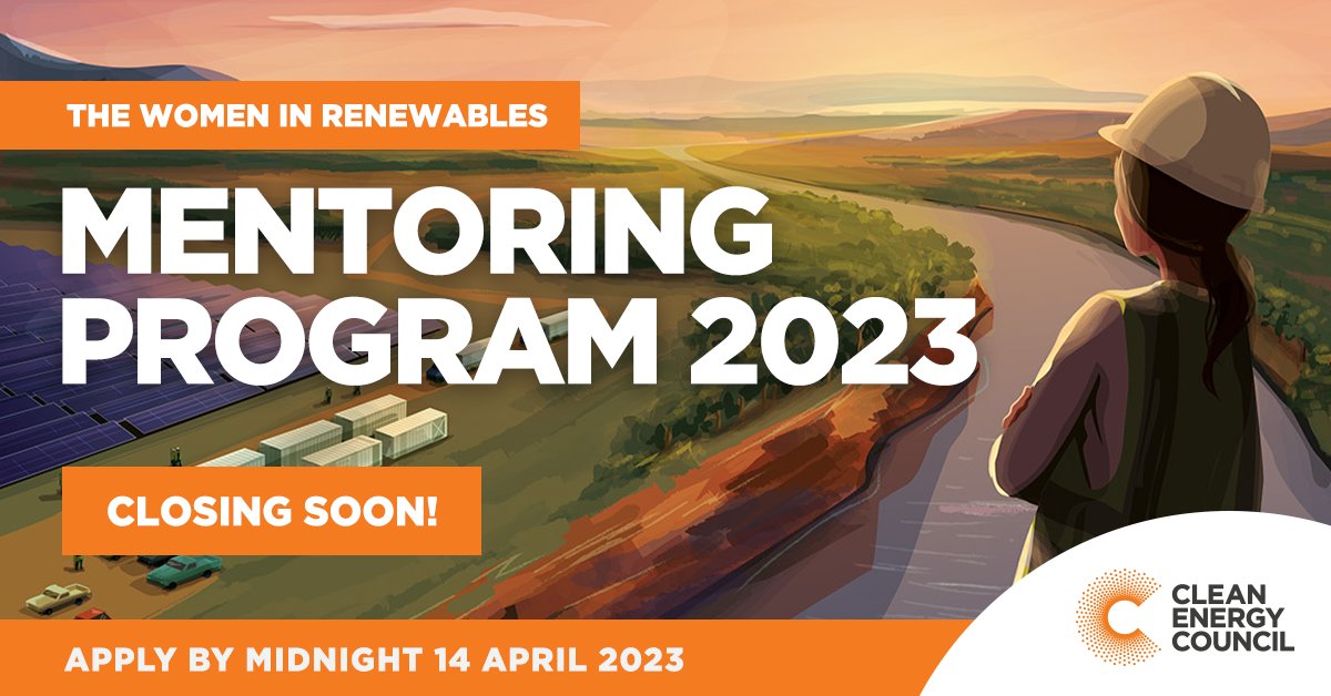 RT cleannrgcouncil: The 2023 Mentoring Program closes this Friday. Open to mentors across the sector and mentees working for a Clean Energy Council member company. 

Learn more and apply here ow.ly/E4l850NEMce

#womeninrenewables