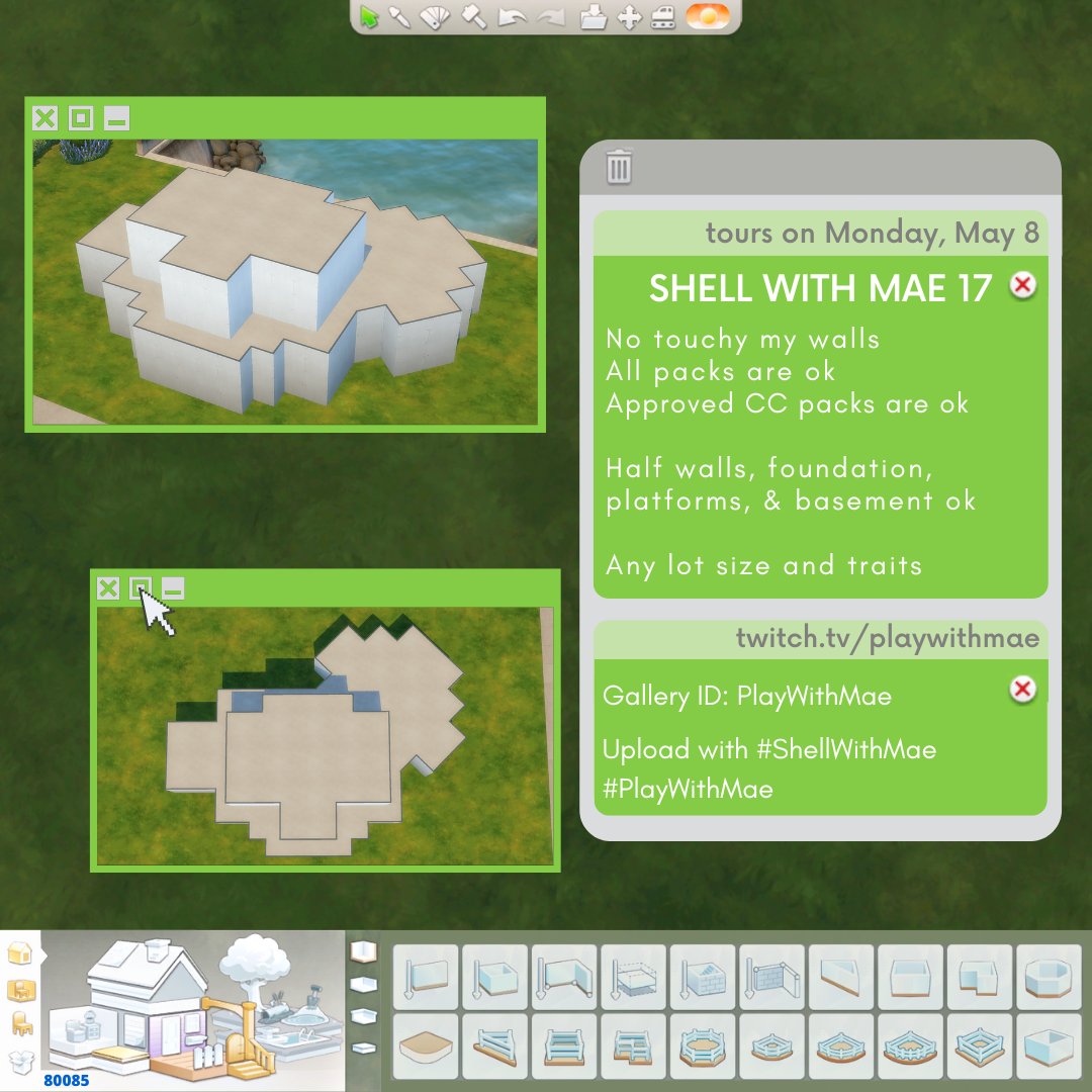 PlayWithMaeTV's tweet photo. 💚New Shell Challenge💚
Tours are on Monday, May 8

Usual rules:
✅ No touchy my walls
✅ All packs ok
✅ Half walls, foundation, platforms, &amp; basement ok
✅ Any lot size and traits
✅Approved CC packs are ok [Approved Shell CC: https://t.co/OqPi2gpb4w]
#ShellWithMae #PlayWithMae https://t.co/GHlLioJquu