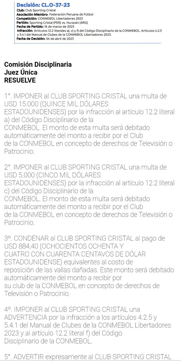 scaldia7's tweet photo. Sporting Cristal ha sido multado por la CONMEBOL con USD 20,884 por invasión de hinchas al terreno de juego en el partido de vuelta vs Huracán.
📸: @mbeesellares
#SCalDia https://t.co/DyLXuXqPh7