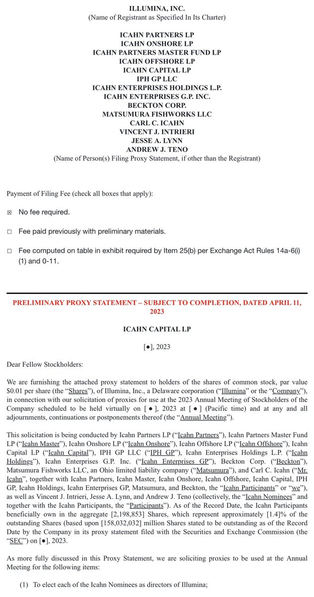 MrCorpGov's tweet photo. Icahn files proxy in contest with Illumina, argues investors should support their three nominees over $ILMN ’s deSouza, Epstein, and Thompson
#ProxySeason #CorpGov #Activism #ProxyContest https://t.co/EztwW6ysqC