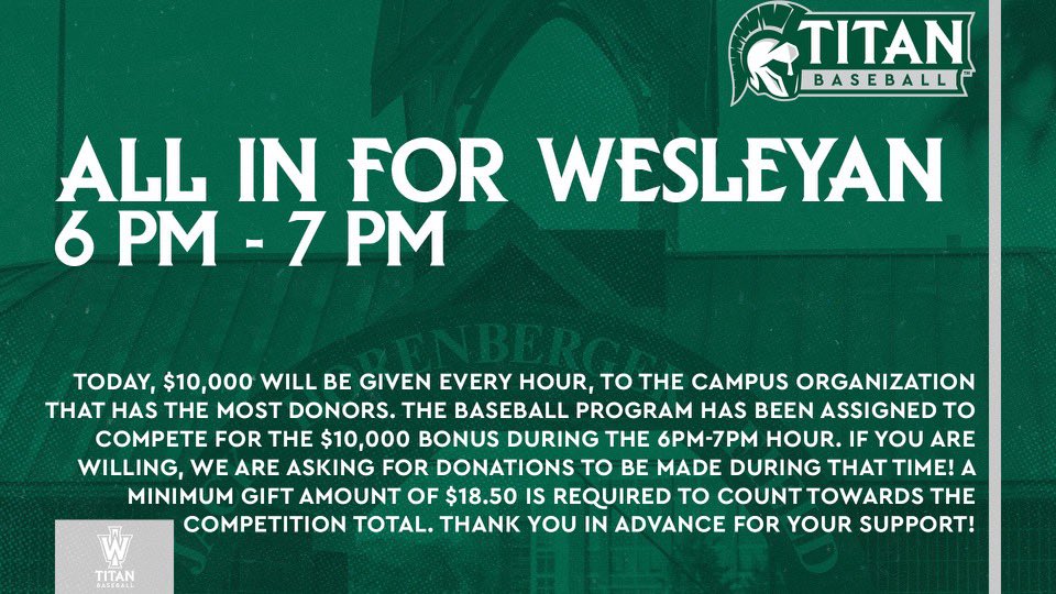 The time has come, let’s do this!!!! Our hour starts NOW and we need your help! If we get the most donors over the next hour, with a minimum donation of $18.50, we win $10,000! ➡️ iwu.edu/all-in ➡️ select Athletics, then Baseball #TGOE