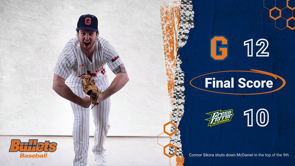 gburgbullets's tweet photo. BULLETS CLOSE IT OUT! Bullets baseball defeats McDaniel 12-10! Connor Sikora finishes it up with 2.0 innings pitched and four K's! Preziuso with 4 hits and Peipher with 3. Jack Burke broke the game open with a bases-clearing triple in the 7th! 🔶🔷 #GoBullets https://t.co/I36HXGO3f1