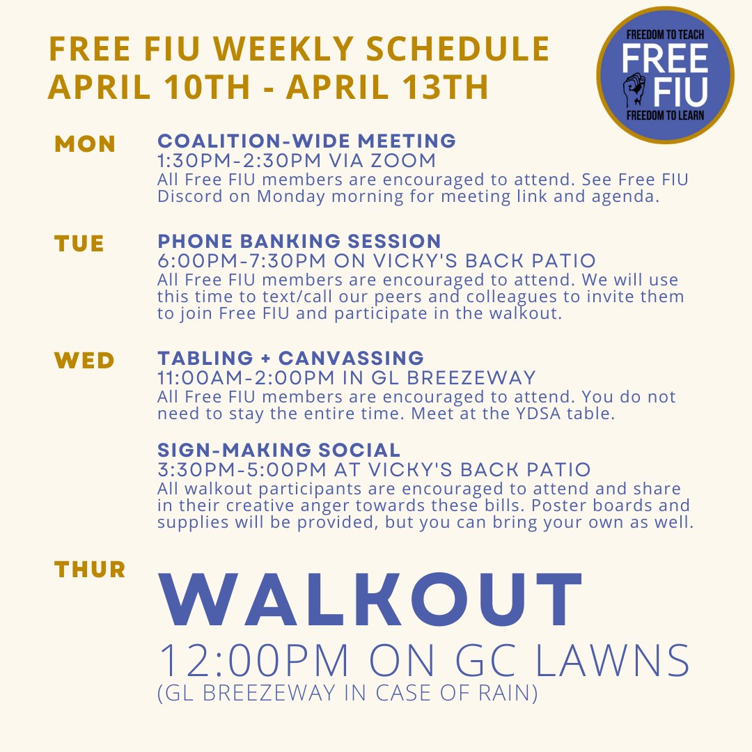 The home stretch! This is our schedule leading up to the walkout!

I encourage everyone to share this as much as possible!