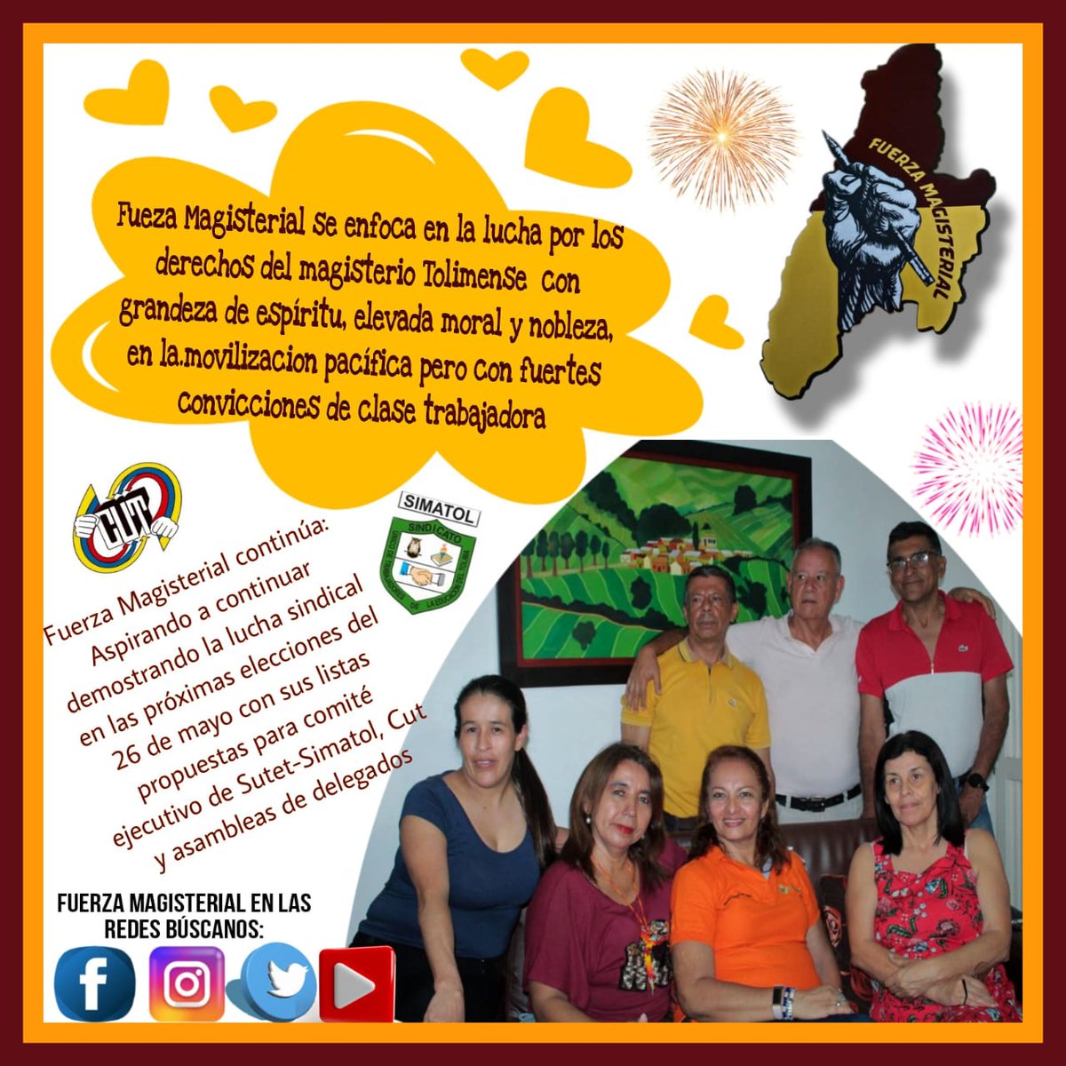FUERZAMAG23's tweet photo. El colectivo fuerza magisterial presente este próximo 26 de Mayo, para continuar en la lucha y la movilización por los derechos del Magisterio con coraje y convicción.

#Fuerzamagisterial #mayo #derechos #docentes #docentestolima https://t.co/jw1KNJfJ6Y