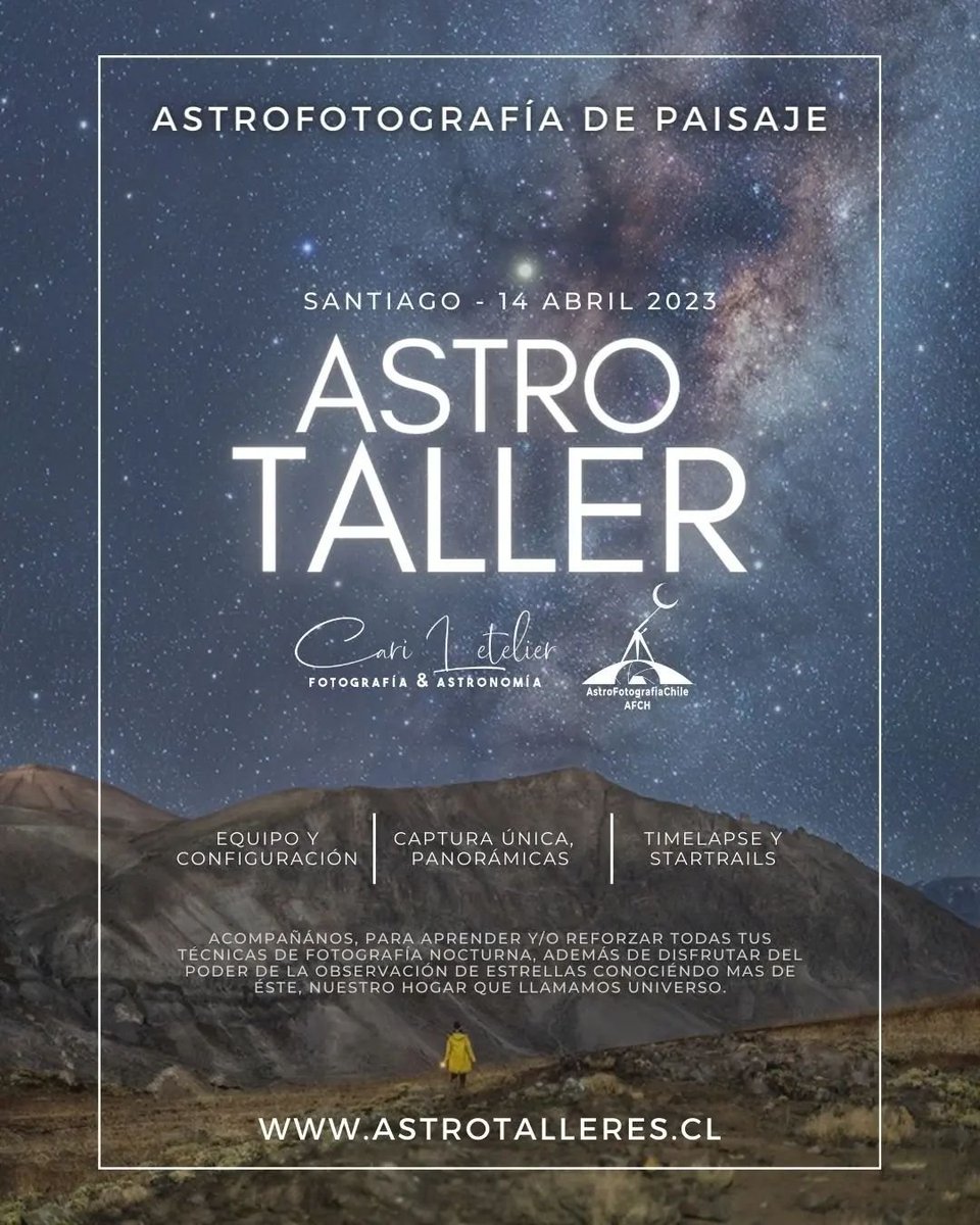 Acompañanos en este 𝗧𝗮𝗹𝗹𝗲𝗿 𝗱𝗲 𝗔𝘀𝘁𝗿𝗼𝗙𝗼𝘁𝗼𝗴𝗿𝗮𝗳𝗶𝗮‼️
🗓Viernes 14 de abril
📍𝐒𝐀𝐍𝐓𝐈𝐀𝐆𝐎
🔹️Te interesa❓️
𝗠𝗮𝘀 𝗶𝗻𝗳𝗼 👇🏽
astrotalleres.cl
#AstroFotografia #Astronomia #AstroTurismo #FotografiaNocturna #ViaLactea #MilkyWay #TallerAstroFoto 🌌📷