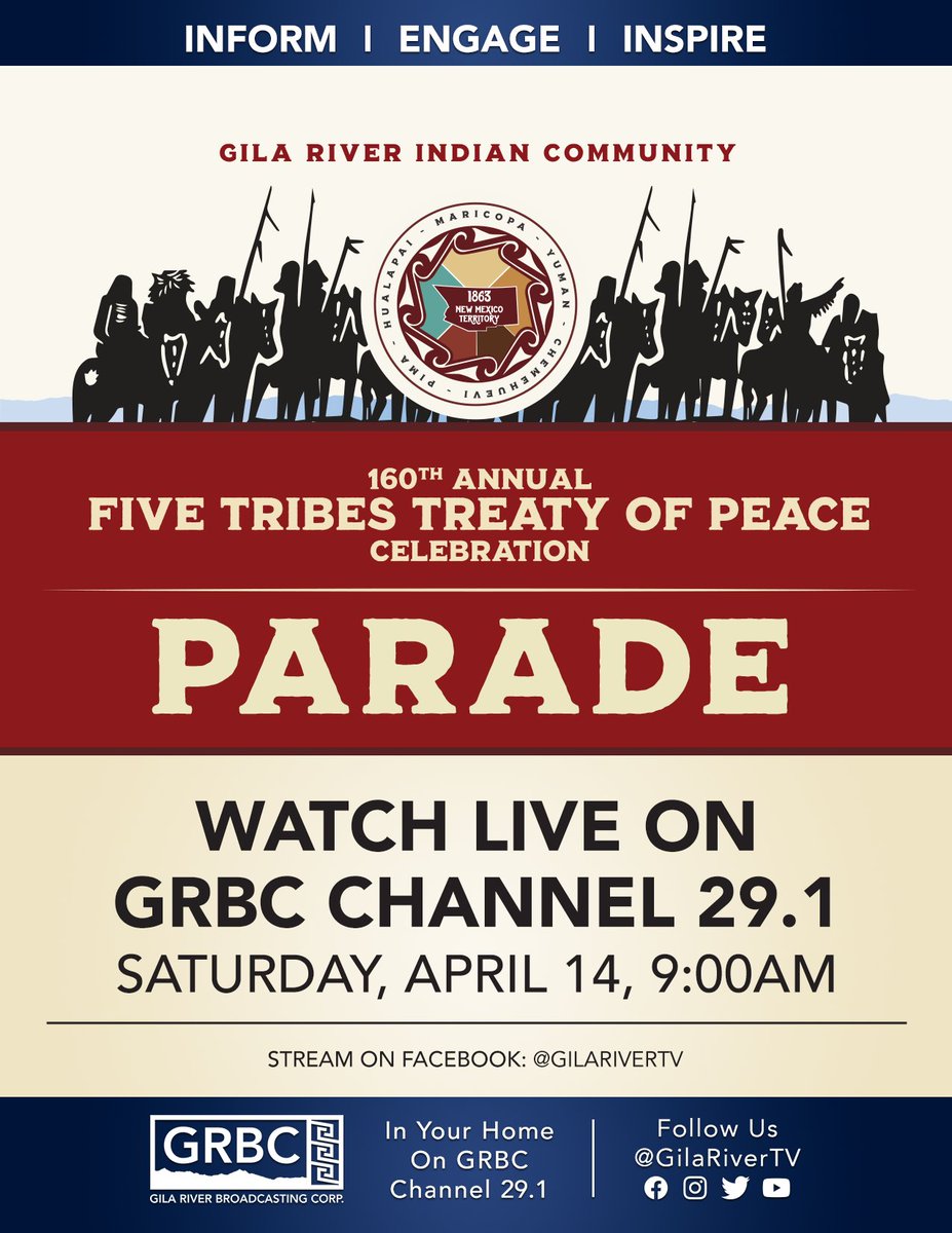 GilaRiverTV's tweet photo. Join GRBC this weekend for the 160th Annual Five Tribes Treaty Of Peace Celebration taking place in Maricopa Colony. Watch live on GRBC Channel 29.1 starting at 9:00AM.#grbctv #gilariver #gilarivertv #gilariverindiancommunity #indigenous
#FiveTribesTreatyOfPeace https://t.co/yAjNyFo0j9