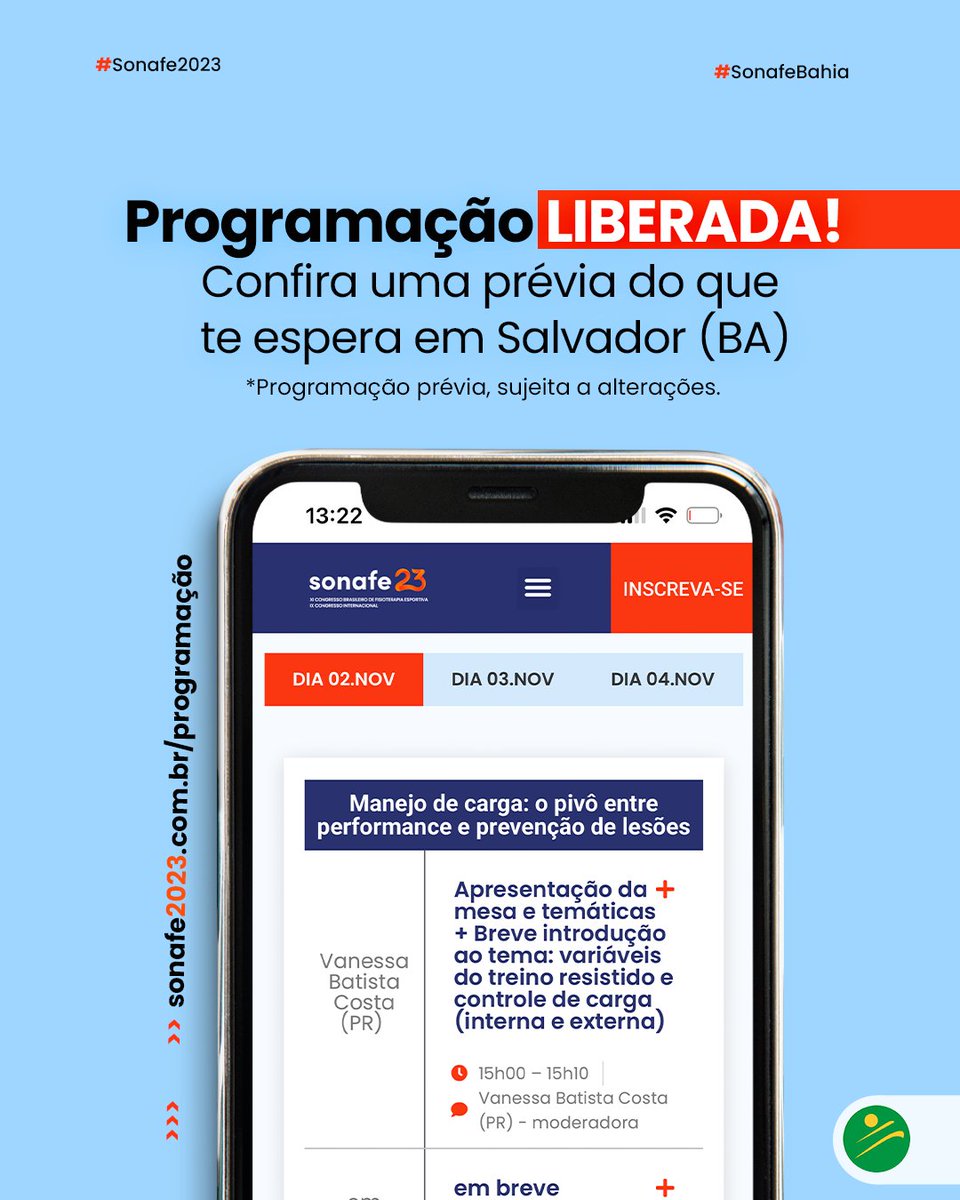 📣📣 Programação LIBERADA! Que noite, pessoal! Confira a grade de palestras e temas do Congresso Internacional SONAFE 2023 e compartilhe com todo mundo! 
sonafe2023.com.br/programacao/ 

#sonafebrasil #sonafe2023 #congressosonafe23 #fisioterapia #fisioterapiaesportiva #congresso