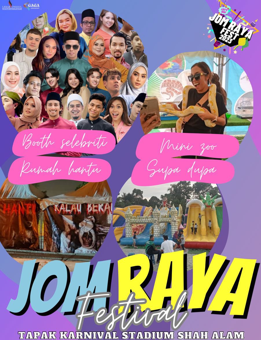 First time join event kat outdoor . JOM RAYA FEST 12/04/23 - malam raya. 

Korang xyah sesak sesak gi kl. 
Kat Jom Raya Fest ni ada jualan bazar raya, bahagian tapak basah makanan sedap. Sgt lah dkt dgn Bazar Ramadhan S.Alam . Dlm 20 Langkah je. Hehehe senang berbuka sini trs.