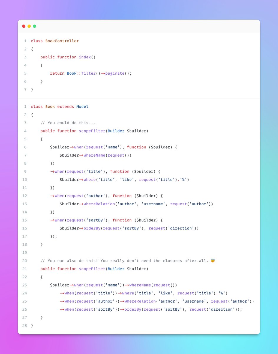 _newtonjob's tweet photo. ⚡️ 2-in-1 #Laravel tips here for you!

- You can create a basic filter for your APIs without any package. #Eloquent scopes are quite powerful!

- When using when() 🙂, most times, you do not need a closure. https://t.co/F2YFel8xi3